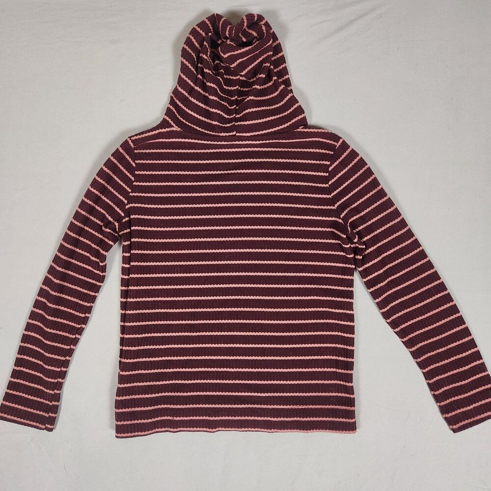 LOFT Women's L Maroon Pink Striped Waffle Knit Hooded Knit Top Hoodie - Picture 4 of 8